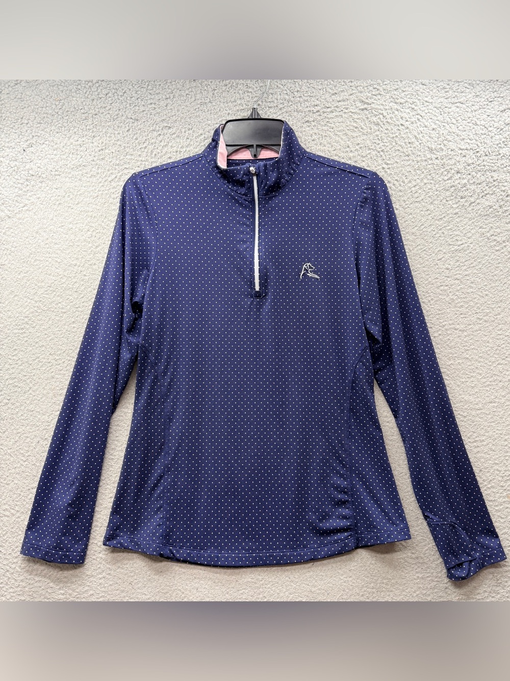 Rhoback Performance Stretch 1/4 Zip Pullover Navy Pink Polka Dots Women’s Size S